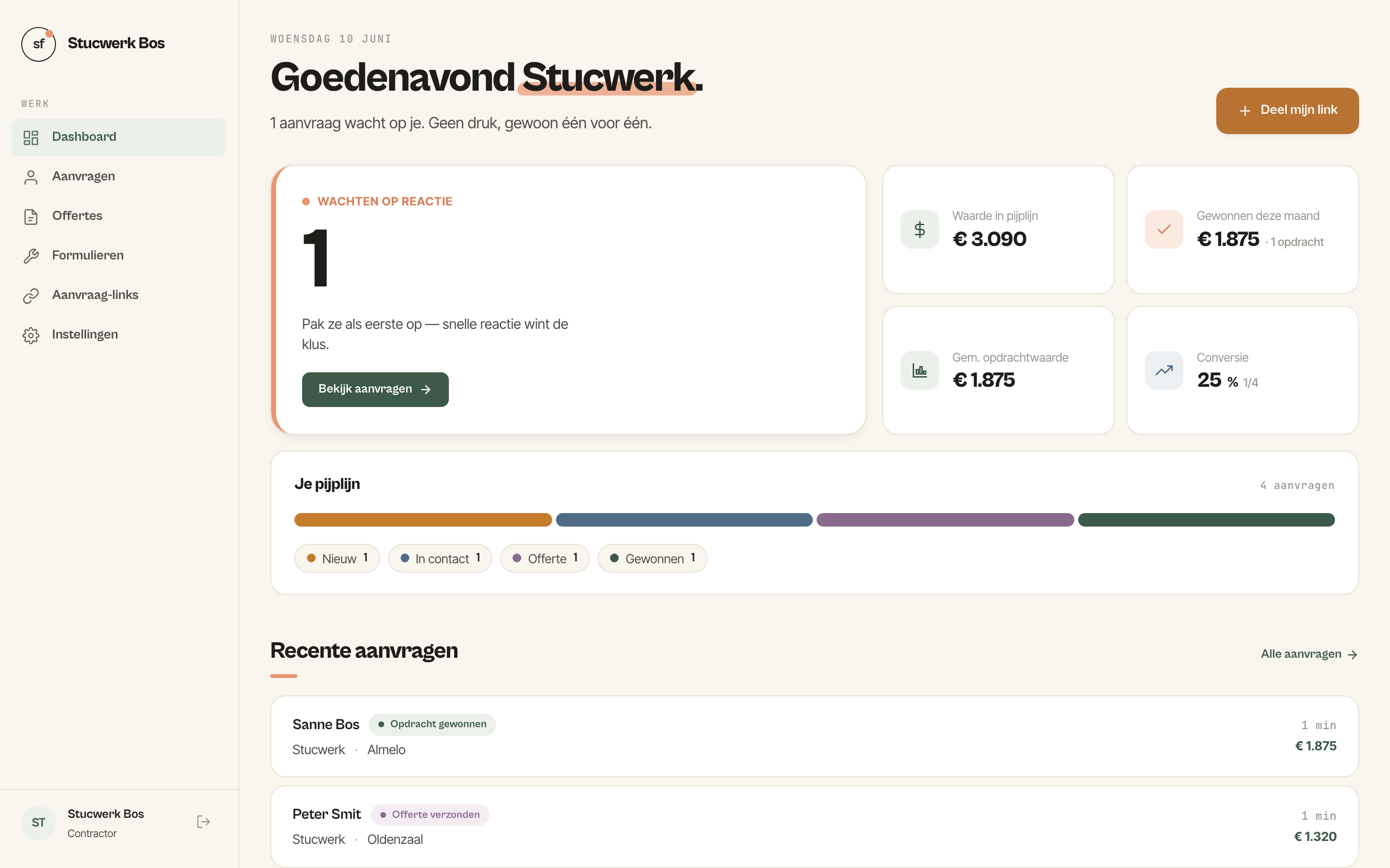 Je dashboard — alles op één plek, klaar voor offerte en planning